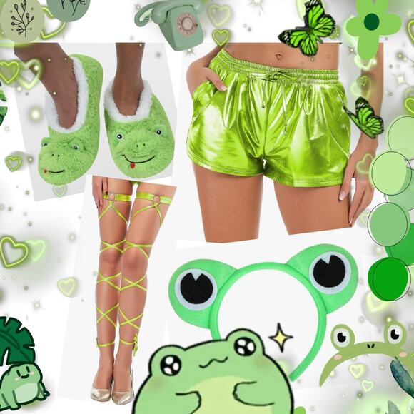 Frog Rave Costume Size XL - Metallic Green shorts garters slippers frog headband - Picture 1 of 8